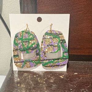 Glitter Abstract Drop Earrings in Green, Purple & Gold